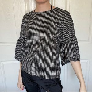 Zara BW Gingham Ruffle Sleeve Slight Cropped Top